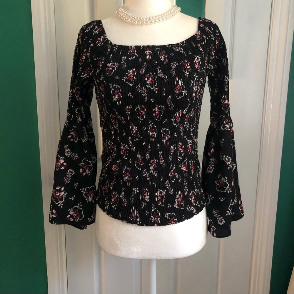 EXPRESS black tiny floral print top with bell sleeves S